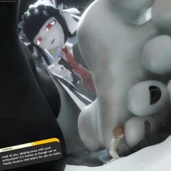 1boy1girl 2026 3d 3d_(artwork) 5_toes absurd_res barefeet barefoot black_hair celestia_ludenberg danganronpa danganronpa:_trigger_happy_havoc dialogue dialogue_box earrings feet feet_focus female female_focus femdom foot_fetish footplay giantess giantess_feet goth goth_girl lolita_fashion looking_at_partner naegi_makoto painted_nails painted_toenails red_eyes sadincarnate3d slave twitter