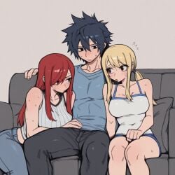 1boy 2girls ai_generated black-haired_male black_hair blonde-haired_female blonde_hair couple erza_scarlet fairy_tail friends gray_fullbuster intimate lewd lucy_heartfilia red-haired_female red_hair romantic sexy
