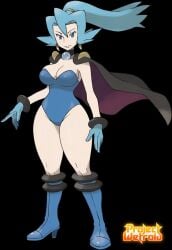 ai aqua_hair blue_eyes bodysuit boobs boots cape clair_(pokemon) closed_mouth collar cyan_hair exposed_thighs female female_only fringe game_freak gloves gym_leader leotard looking_at_viewer necklace nintendo official_style pale-skinned_female pale_skin pokemon pokemon_gsc pokemon_hgss ponytail pose projectwetroid simple_background smile standing thighs woman younger_female