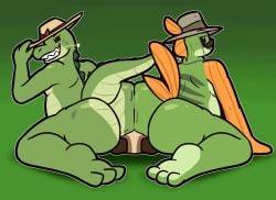 2026 3_toes alligator alligatorid anthro anthro_on_anthro aquatic big_butt black_eyes butt butt_squish clothing crocodilian duo eyebrows eyewear facial_hair fan_character feet fin fish fishing_hat green_body green_scales green_stripes grey_clothing grey_hat grey_headwear hat head_fin headgear headwear hi_res huge_butt kneeling looking_at_viewer looking_back male male/male monocle mustache ol'_marlin_(felino) orange_body orange_scales overweight overweight_anthro overweight_male pixile_studios raised_eyebrow rear_view reptile scales scalie squish striped_body striped_scales stripes super_animal_royale swampy_(ultilix) tail tail_fin tan_hat tan_headwear toes ultilix