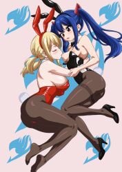 black_pantyhose breast_envy breast_size_difference breast_sucking fairy_tail high_heels highres lucy_heartfilia pantyhose playboy_bunny sesshoalex twintails wendy_marvell