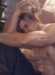 1boy 3d abs armpit_fetish armpit_hair armpits arms_up biceps big_pecs blue_eyes body_hair brown_hair chest_hair detailed_background dilf emy-san facial_hair holding_drink hunk leon_scott_kennedy male male_only mature_male muscular muscular_arms muscular_male pants pants_only pinup resident_evil resident_evil_9:_requiem shirtless shirtless_male short_hair solo solo_male stubble