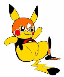 anus cleft_tail cosplay_pikachu female feral front_view nintendo pikachu pikachu_libre pokémon_(species) pokemon presenting presenting_anus presenting_pussy pussy samuriolu simple_background smile solo spread_legs spreading video_games white_background