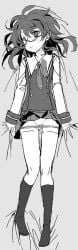 1girl closed_mouth collared_shirt commentary_request dakimakura_(medium) full_body glasses greyscale kneehighs long_hair long_sleeves looking_at_viewer lying missing_headwear monochrome necktie on_back panties panty_pull pulling_own_clothes pussy shirt skirt socks solo tororo_(toriaezu) touhou underwear usami_sumireko vest
