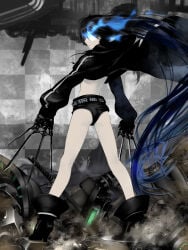 1girl ass black_boots black_hair black_rock_shooter black_rock_shooter_(character) black_shorts boots flaming_eye high_heels knife ldl legs long_hair pale_skin pale_skinned_female shorts solo standing thighs twintails very_long_hair