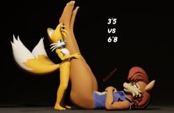 barefoot holding_legs larger_female lying_on_back miles_prower reducktoe sally_acorn size_comparison size_difference size_play smaller_male smile tails_the_fox