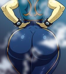 1girls ass big_ass blue_background bracelet capcom chun-li chun-li_(street_fighter_alpha) facing_away female hands_on_hips musk musk_clouds street_fighter sweat sweaty_butt thin_waist unitard valkiriacore vest wide_hips
