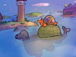 2026 ama_(rockpankake) aquatic clothing digital_media_(artwork) english_text grey_body hat hat_only headgear headgear_only headwear headwear_only hi_res island lighthouse mammal mostly_nude orange_body outside pinniped quadruped riding_on_back rockpankake ruins sea seal text water