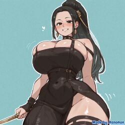 1girl 1girls absurd_res absurdres ai_generated alternate_breast_size atlus big_breasts black_dress black_hair blue_background blush breasts breasts_bigger_than_head brown_eyes cleavage comfyui covered_navel curvaceous curvy curvy_female earrings female female_focus female_only from_below gigantic_breasts grin hair_ornament high_ponytail highres hourglass_figure hourglass_figured_female huge_breasts knife large_breasts long_dress long_hair looking_at_viewer motion_lines narrow_waist nintendo outline radiant_historia raynie_(radiant_historia) simple_background solo solo_female solo_focus spread_legs stable_diffusion standing thick_thighs top_heavy top_heavy_breasts video_games wide_hips xenomon yor_briar_(cosplay)