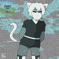 black_clothing black_eyes black_pants black_shirt black_shorts bulge_through_clothing cat_ears cat_tail fat_thighs femboy furry gay hands_behind_back nervous nervous_expression nervous_face nervous_male oc roblox roblox_oc submissive_male suggestive thick_thighs white_cat_ears white_cat_tail white_hair white_skin
