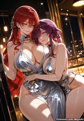 2girls ai_assisted ai_generated backless_dress bangs bare_shoulders bracelet breasts china_dress chinese_clothes choker cityscape cleavage curvaceous curvy curvy_female curvy_figure dress earrings evening_gown female hair_between_eyes hair_ornament hairclip halter_dress himeko_(honkai:_star_rail) honkai_(series) jewelry kafka_(honkai:_star_rail) large_breasts long_hair looking_at_viewer miyuai mole multiple_girls necklace night pelvic_curtain pink_eyes plunging_neckline purple_eyes purple_hair red_hair revealing_clothes smile st._louis_(azur_lane) thick thick_ass thick_butt thick_hips thick_legs thick_thighs thighs voluptuous voluptuous_female wide_hips wide_thighs yuri