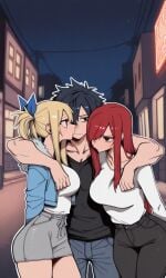 1boy 2girls ai_generated black-haired_male black_hair blonde-haired_female blonde_hair couple erza_scarlet fairy_tail friends gray_fullbuster intimate lewd lucy_heartfilia red-haired_female red_hair romantic sexy