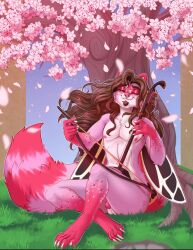 bowed_string_instrument cherry_blossom cherry_blossom_tree cherry_tree erhu flower fruit_tree fur fur_markings hi_res male mammal markings musical_instrument nude nude_anthro nude_male plant procyonid prunus_(flower) raccoon rika_(artist) solo solo_focus string_instrument tagme tree wings