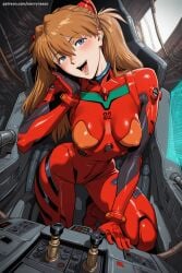 1girl :d ai_generated asuka_langley_sohryu bangs blue_eyes blush bodysuit breasts cockpit gloves hair_between_eyes hi_res high_quality high_resolution large_breasts long_hair looking_at_viewer mecha neon_genesis_evangelion number open_mouth orange_hair patreon plugsuit red_bodysuit savvyraexo seductive sexy shiny shiny_clothes sitting skin_tight smile solo souryuu_asuka_langley two_side_up uncensored watermark