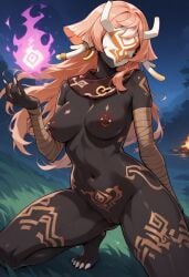 ai_generated black_body breasts casual_exposure casual_nudity churled corruption detailed_background exhibitionism faceless_female female genshin_impact hilichurls_(species) interspecies_domination mask masked_female nipple_piercing nipples outdoor_nudity piercing pink_hair pussy thick_thighs tribal_corruption tribal_markings tribal_tattoo yanfei_(genshin_impact)