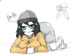 2026 ass_up beanie black_hair blue_eyes blush camera cobra_(drawfag) eye_bags female glasses looking_at_viewer necklace pale_skin pinup sandals short_hair skirt smirk solo_focus soyjak.party soytan sweater thought_bubble