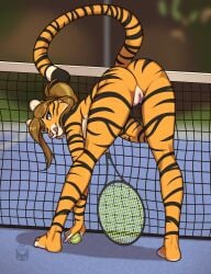 anthro ball bedroom_eyes butt digital_media_(artwork) feet felid female fingers fur genitals hair half-closed_eyes holding_ball holding_object holding_tennis_racket inktiger licking licking_lips licking_own_lips looking_at_viewer looking_back mammal narrowed_eyes net nude outdoor_nudity outside pantherine seductive self_lick solo sport stripes tail tennis tennis_ball tennis_court tennis_net tennis_racket tiger toes tongue tongue_out vulva