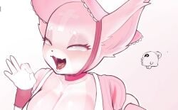 1girls animal_ears bald chibi_inset choker cleavage collarbone colored_skin cross furry gryazyuka88 hand_up happy hat headwear headwear_request large_breasts marshmallow_(mewgenics) mewgenics ok_sign open_mouth pink_body pink_headwear pink_skin raised_inner_eyebrows saliva simple_background smile solo tongue upper_body white_background wip