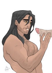 1boy bear beard big_guy blush body_hair broad_shoulders chest_hair close_up colored daniel_villalobos(artwolif) dark_hair digital_art embarrassed facial_hair flustered gentle_giant golden_eyes half_closed_eyes handsome lineart long_hair looking_at_object male male_focus muscular muscular_male original original_character portrait profile rugged side_view simple_background soft_expression solo solo_male stubble tan_skin upper_body