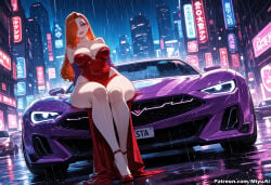 1girl ai_assisted ai_generated bare_shoulders breasts car city cleavage curvaceous curvy curvy_female curvy_figure dress earrings female ground_vehicle high_heels jessica_rabbit jewelry large_breasts long_hair looking_at_viewer makeup mature_female milf miyuai motor_vehicle neon_lights night red_dress sitting smile solo strapless thick thick_ass thick_butt thick_hips thick_legs thick_thighs voluptuous voluptuous_female who_framed_roger_rabbit wide_hips wide_thighs