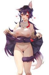 1girl absurdres animal_ear_fluff animal_ears bare_shoulders black_bow black_hair blush bow brown_eyes cardigan closed_mouth clothes_lift covered_nipples cum cum_on_body feet_out_of_frame female_pubic_hair gradient_eyes hair_between_eyes hair_ornament highres hololive lactation lifting_own_clothes long_hair looking_at_viewer multicolored_eyes multicolored_hair no_bra no_panties official_alternate_costume ookami_mio ookami_mio_(street) open_cardigan open_clothes orange_eyes pubic_hair pussy red_eyes red_hair see-through_clothes simple_background skirt skirt_lift smile solo standing streaked_hair tail thighs two-tone_hair utdkaz virtual_youtuber white_background wolf_ears wolf_girl wolf_tail yellow_eyes