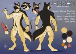absurd_res animal_genitalia animal_penis anthro athletic athletic_anthro athletic_male balls bared_teeth black_body black_fur black_nose black_tail brown_eyes butt canid canine canine_genitalia canine_penis canis domestic_dog ears_back erection front_view fur genitals german_shepherd glistening glistening_eyes herding_dog hi_res hufnaar jericho_(folf) knot looking_at_viewer male male_anthro mammal model_sheet mouth_closed nude open_mouth pastoral_dog penis pivoted_ears pubes rear_view red_penis red_tongue sheath simple_background solo standing tail teeth tongue tongue_out yellow_balls yellow_body yellow_fur yellow_sheath yellow_tail