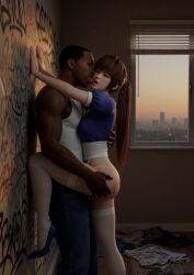 1boy1girl 1girl1boy 3d ai ai-created ai_generated asian_female bedroom black_male boyfriend-girlfriend carl_johnson chest_to_chest close_together clothes_on_floor couple couple_(romantic) crossover dark-skinned_male dead_or_alive eastern_and_western_character evening eyes_closed gangster ghetto gold_chain gold_jewelry graffiti graffiti_on_wall grand_theft_auto grand_theft_auto:_san_andreas hand_on_hip hands_on_wall head_turned heels holding holding_partner holding_thigh interracial jewelry kasumi_(doa) koei_tecmo kunoichi leaning_on_partner leaning_on_person licking licking_face light-skinned_female los_santos lovers messy_room moan moaning moaning_in_pleasure mouth_open muscular muscular_male ninja ninja_clothes ninja_gaiden on_wall ponytail rockstar_games stocking sunset team_ninja thong tongue tongue_out touching window wowzerspowzers