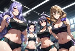 ai_generated akeno_himejima big_breasts camilla_(fire_emblem) fire_emblem_fates genshin_impact high_school_dxd kimetsu_no_yaiba kochou_shinobu lisa_(genshin_impact) sports_bra steamy_breath sweating