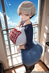 1girl ai_assisted ai_generated ass bangs blue_eyes blush breasts clothes_writing curvaceous curvy curvy_female curvy_figure denim denim_skirt eyebrows_visible_through_hair female grey_hair grin hair_between_eyes huge_breasts indoors jewelry looking_at_viewer miyuai pantyhose romaji_text short_hair skirt smile solo thick thick_ass thick_butt thick_hips thick_legs thick_thighs thighs uzaki-chan_wa_asobitai! uzaki_hana voluptuous voluptuous_female wide_hips wide_thighs