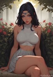 ai_generated bare_shoulders big_breasts blue_eyes crossed_legs female full_lips halterneck irelia_xan league_of_legends mobolusai park pleated_skirt seductive sitting skirt solo thighs white_topwear