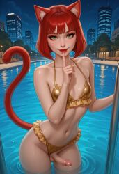 ai_generated bikini bikini_bottom_aside blindparty cat_ears cat_tail catboy femboy gold_bikini green_eyes in_water nudity penis red_eyeshadow red_hair red_lipstick testicles