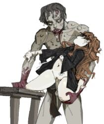 1boy 1girl amputee balding black_hair black_shirt blank_eyes blood blood_from_mouth blood_on_hand bottomless brown_hair censored clothed_female_nude_male clothed_sex clothes_lift commentary double_amputee english_commentary erection fear_&_hunger_(series) fear_&_hunger_1 grabbing_another's_arm grey_hair hand_under_clothes hetero interspecies jaggy_lines kamamarata legless_amputee lifting_own_clothes long_hair long_sleeves loose_clothes loose_shirt mosaic_censoring navel nude penis profile receding_hairline scar scar_on_arm sex sex_from_behind shaded_face sharp_teeth shirt shirt_lift simple_background stomach teeth testicles the_girl_(fear_&_hunger) thighs tumor vaginal wavy_hair white_background wide_sleeves zombie