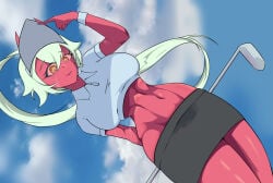 1girl abs akumi breasts cloud crop_top dark_skin hair_between_eyes hat large_breasts long_hair looking_at_viewer midriff navel orange_eyes outdoors skirt sky smile solo vyugen yellow_eyes