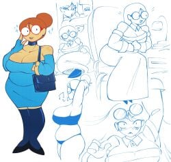 1female 1girls bare_breasts bare_shoulders big_ass big_breasts blue_dress boots breasts bun_hair choker chubby chubby_belly chubby_female chubby_girl circular_glasses cleavage exposed_shoulders fat fat_ass fat_butt fat_female female female_focus female_only ginger ginger_hair glasses glasses_on_head hair_bun hairbun kindergarten_(game) kindergarten_3 large_breasts ms._lovelett multiple_views nerd nerdy nerdy_female no_bra pawg redhead sitting solo solo_female solo_focus standing sweater thick thick_ass thick_butt thick_hips thick_legs thick_thighs underwear vicanderson wide_hips