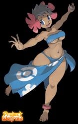 1girls :d ai barefoot bikini black_hair blue_eyes boobs curvy dark_skin female female_only flower flower_in_hair game_freak hi_res huge_breasts navel nintendo no_shoes official_style one_leg_raised one_leg_up open_mouth pareo phoebe_(pokemon) pokeball pokemon pokemon_oras pokemon_rse pose projectwetroid short_hair simple_background skirt smile solo standing thick_thighs thighs younger_female