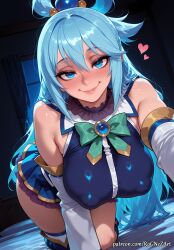 1girl 2026 ai_generated all_fours anime aqua aqua_(konosuba) bangs bare_shoulders blue_eyes blue_hair blue_shirt blue_skirt blush boobs bow breasts cleavage covered_nipples crossover detached_sleeves eye_contact female female_focus flushed green_bow hair_accessory hair_between_eyes hair_ornament hair_rings heart highres huge_breasts indoors inside kono_subarashii_sekai_ni_shukufuku_wo! konosuba large_breasts long_hair looking_at_viewer night nsfw patreon patreon_username rognezart skirt smile smiling solo thick_thighs thighhighs thighs very_long_hair