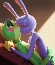 ai_generated anthro blush bunny closed_eyes eyes_closed female french_kissing frog green_body interspecies jax jax_(tadc) kissing male male/female naked purple_body rabbit ribbit_(tadc) ribbit_(the_amazing_digital_circus) saliva stable_diffusion tadc the_amazing_digital_circus tongue trueliamay