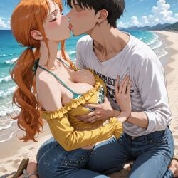 1boy 1girl ai_generated ass bare_shoulders beach bikini bikini_top_only black_hair blue_pants blue_sky blush breasts cleavage closed_eyes cloud collarbone day denim faceless faceless_male french_kiss frilled_shirt grabbing grabbing_another's_breast halterneck hand_on_another's_chest hetero jeans kiss kissing kneeling large_breasts long_hair long_sleeves low_twintails nami_(one_piece) ocean off-shoulder_shirt off_shoulder orange_hair outdoors pants saliva sand sandals shirt short_hair sky sweat swimsuit tongue tongue_out twintails water white_shirt yellow_shirt