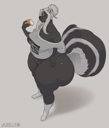 absurd_res anthro big_butt biped bottomless breasts butt casloafy clothed clothing female food genitals hand_on_hip hi_res huge_butt mammal mature_female mephitid pastry shadow simple_background skunk thick_thighs vulva