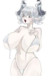 ! :o bikini bikini_removed blush boobs broken_bikini demon demon_girl demon_horns duel_monster earrings embarrassed fangs female hand_on_breast hi_res huge_breasts konami labrynth_of_the_silver_castle large_breasts looking_at_viewer lovely_labrynth_of_the_silver_castle mochimochimone navel nervous open_mouth pale_skin pointy_ears pose princess queen silver_bikini silver_eyes simple_background standing surprised sweatdrop twin_drills twintails voluptuous white_background white_hair yu-gi-oh!