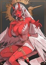 1girl akumi bare_shoulders blush breasts cleavage feathered_wings grey_background horns huge_breasts indie_virtual_youtuber jewelry large_breasts long_hair looking_at_viewer monster_girl oni oni_female oni_horns podang red_legwear red_skin solo thighhighs virtual_youtuber vtuber white_hair wings
