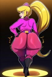 ai_generated back_view big_ass blonde_female blonde_hair gameoverse glitch_productions indie_animation looking_back miss_information_(gameoverse) novelai pawg phat_ass smirk villainess walking_away white_girl