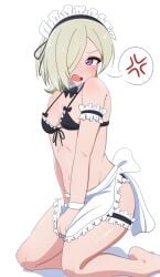 1girl absurdres apron armband arms_at_sides bare_shoulders barefoot bikini black_armband black_bow blonde_hair blush bow breasts cleavage commentary_request detached_collar fang frilled_armband frilled_bikini frills front-tie_bikini_top front-tie_top hair_over_one_eye highres kneeling legband looking_at_viewer looking_to_the_side love_live! love_live!_nijigasaki_high_school_idol_club maid maid_apron maid_bikini maid_headdress mia_taylor navel open_mouth purple_eyes short_hair simple_background skin_fang small_breasts solo speech_bubble stomach swimsuit unconventional_maid white_background wrist_cuffs
