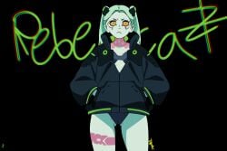 bra camel_toe cameltoe clothed cybernetics cyberpunk cyberpunk:_edgerunners cyberpunk_(series) cyberpunk_2077 green_skin hands_in_pockets jacket long_hair panties patreon pigtails rebecca_(edgerunners) short small_breasts tight_panties zerot