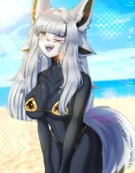 1girl animal_ear_fluff animal_ears bangs beach between_legs bikini black_bikini blurry blurry_background blush bodysuit breasts cleavage day depth_of_field dya_rikku_(vtuber) eyebrows_visible_through_hair hand_between_legs indie_virtual_youtuber large_breasts long_hair looking_at_viewer ocean one_eye_closed open_mouth outdoors pool sand smile solo swimsuit tail v_arms virtual_youtuber water white_hair