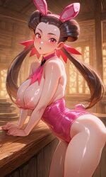 ai_generated breast_squeeze brown_hair bunny_ears bunny_girl_suit cleavage gym_leader large_breasts large_thighs leotard nipples pink_leotard pokemon red_eyes roxanne_(pokemon) shiny_skin slombert thin_waist