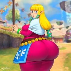 1girls alternate_version_at_source ass_focus blonde_hair blue_eyes blunt_bangs bracelet chubby fat_ass huge_ass large_breasts long_hair nintendo plump princess_zelda skyloft skyward_sword the_legend_of_zelda thick thick_thighs tight_clothing tight_dress