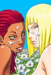 2girls accurate_art_style accurate_body_type adult_and_teenager after_oral after_sex age_difference ai_generated bare_shoulders blonde_female blonde_hair blue_eyes blue_sky blunt_bangs blunt_ends bob_cut breast_slip breasts breasts_bigger_than_head busty cleavage closed_mouth cloud collarbone colored_nails completely_nude covering cum cum_in_mouth cum_on_body cum_on_face dark-skinned_female dark_skin day erect_nipples expressionless facing_viewer female_focus female_only flowers full_color grass high_resolution highres horizon interracial karui large_breasts light-skinned_female light_skin line_art looking_at_viewer manga_style masashi_kishimoto_style mature_female multiple_girls nail_polish naruto naruto_(series) naruto_shippuden nude official_style outdoors personalover23 pink_nipples red_hair red_nails samui sand scenery serious shiny_skin shore short_hair sky soft_shading solo solo_focus standing thin_eyebrows upper_body waifu wardrobe_malfunction water yellow_eyes