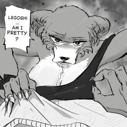 1girls 1girls1boy anthro areola areola_slip beastars bedroom_eyes big_breasts blush blush_lines breast_squish breasts canid canine canis claws cleavage clothed clothing dominant dominant_female dress drunk duo eyebrows eyelashes female foxtra grabbing hi_res humanoid juno_(beastars) legoshi_(beastars) looking_at_viewer male male/female mammal manga_style narrowed_eyes off_shoulder oxtra pinned question seductive squish substance_intoxication undressing wardrobe_malfunction wolf