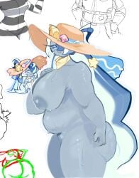 1girls bbw belly big_belly big_breasts blue_body blue_eyes blue_whale_cookie breasts breasts_out chubby chubby_female cookie cookie_run cookie_run_ovenbreak costume female hat jackting_off looking_at_viewer magma_(software) multicolored_hair naked seashell seashells side_view smile sweat sweating sweaty sweaty_body thick_thighs thighs